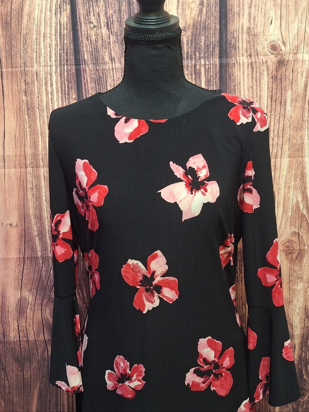 Tommy Hilfiger Black Long Bell Sleeves Midi Dress with Red & Pink Floral Print - Picture 2 of 7
